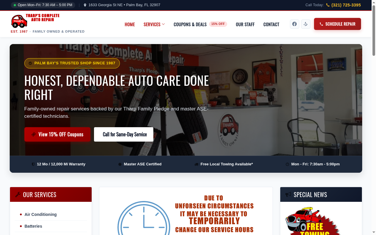 After makeover screenshot of Tharp's Complete Auto Repair